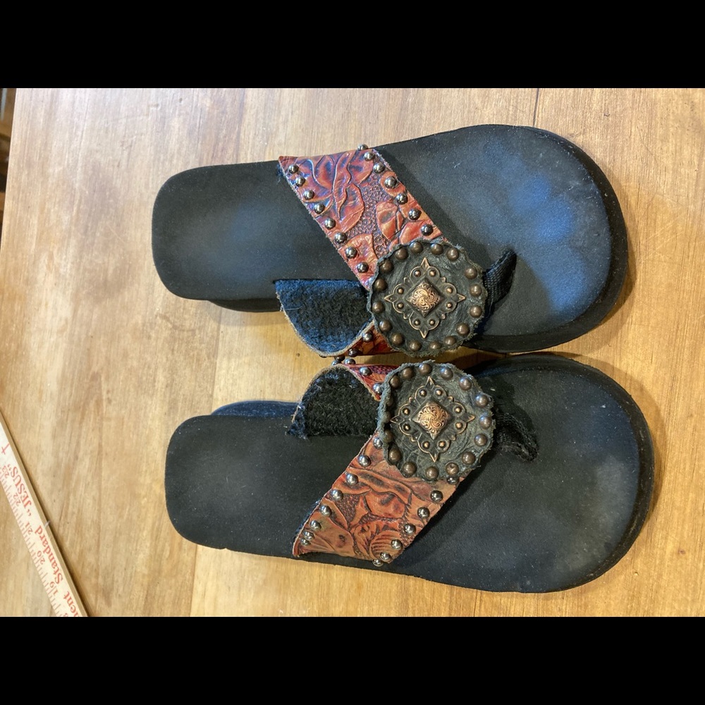 Western tooled leather flip flops